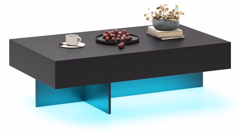 Tavolino COSTWAY con illuminazione a LED, tavolino da salotto lucido con 3 cassetti, tavolino rettangolare con telecomando incluso, 120x70x35 cm, nero