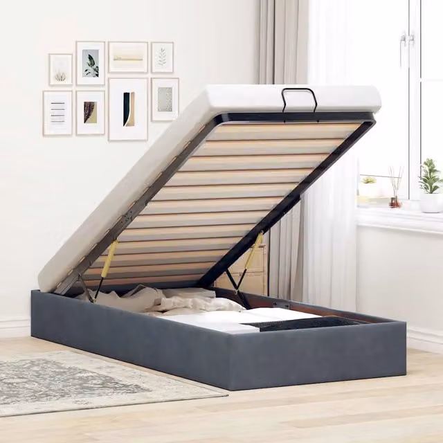 Struttura Letto con Contenitore Design Mania in Velluto Grigio, L 80 cm x P 200 cm, H 140 cm