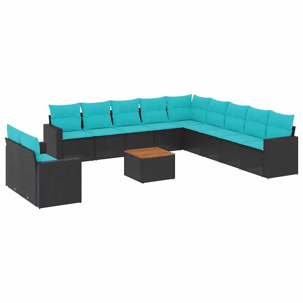 Set di Divani da Giardino a Forma di U vidaXL in Polyrattan Nero con Cuscini Blu – 2