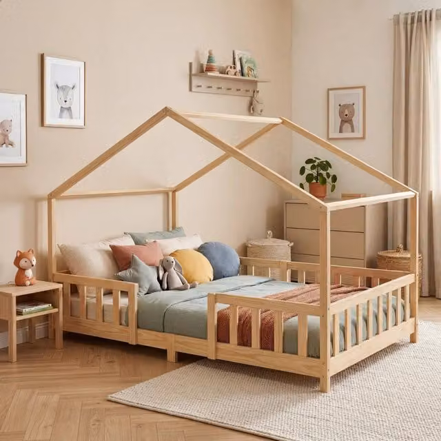 Letto per Cameretta Treviolo a Forma di Casetta in Stile Montessori 120x200 cm Naturale [en.casa]