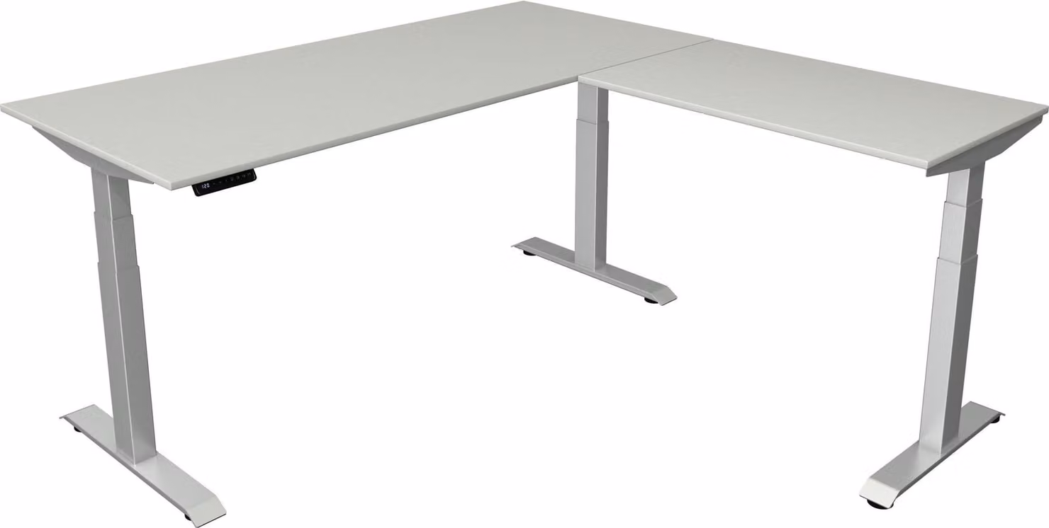 Combinazione angolare Move 4, regolabile elettricamente in altezza, colore telaio:argento, dimensioni combinazione angolare:180 x 180 cm, colore piano tavolo:grigio chiaro