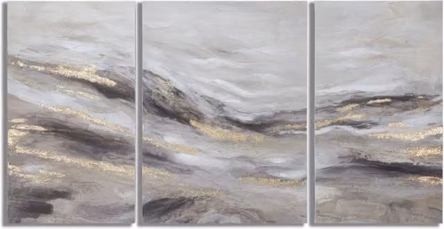 Trittico su tela Monty Vikasa Home paesaggio astratto moderno grigio, bianco e oro, L: 150 cm, H: 80 cm