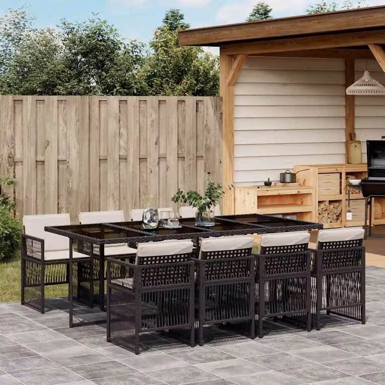 vidaXL Set da Pranzo da Giardino 9 pz in Polyrattan Nero con Cuscini e Tavolo in Vetro