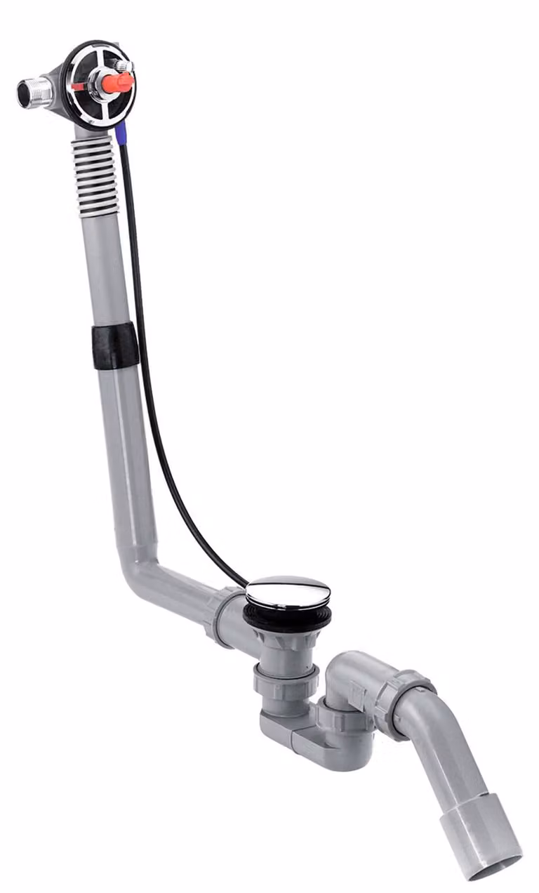 Vaschetta da bagno modello Exafill S, corpo base, troppolo e tappo di scarico, disponibile in diversi colori