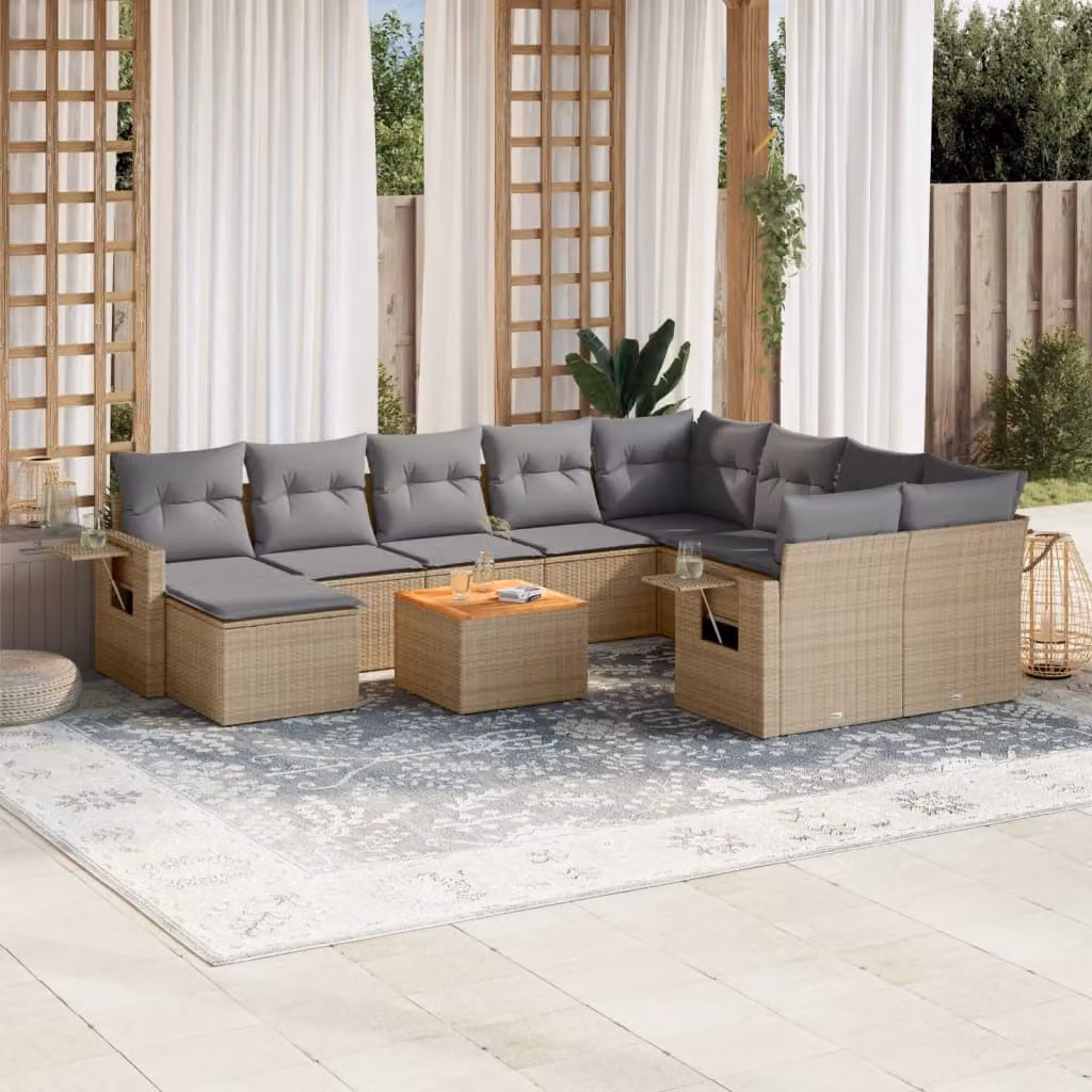 vidaXL Set Divano da Giardino 11 pz a Forma di L in Polyrattan con Cuscini Beige e Grigio – 1