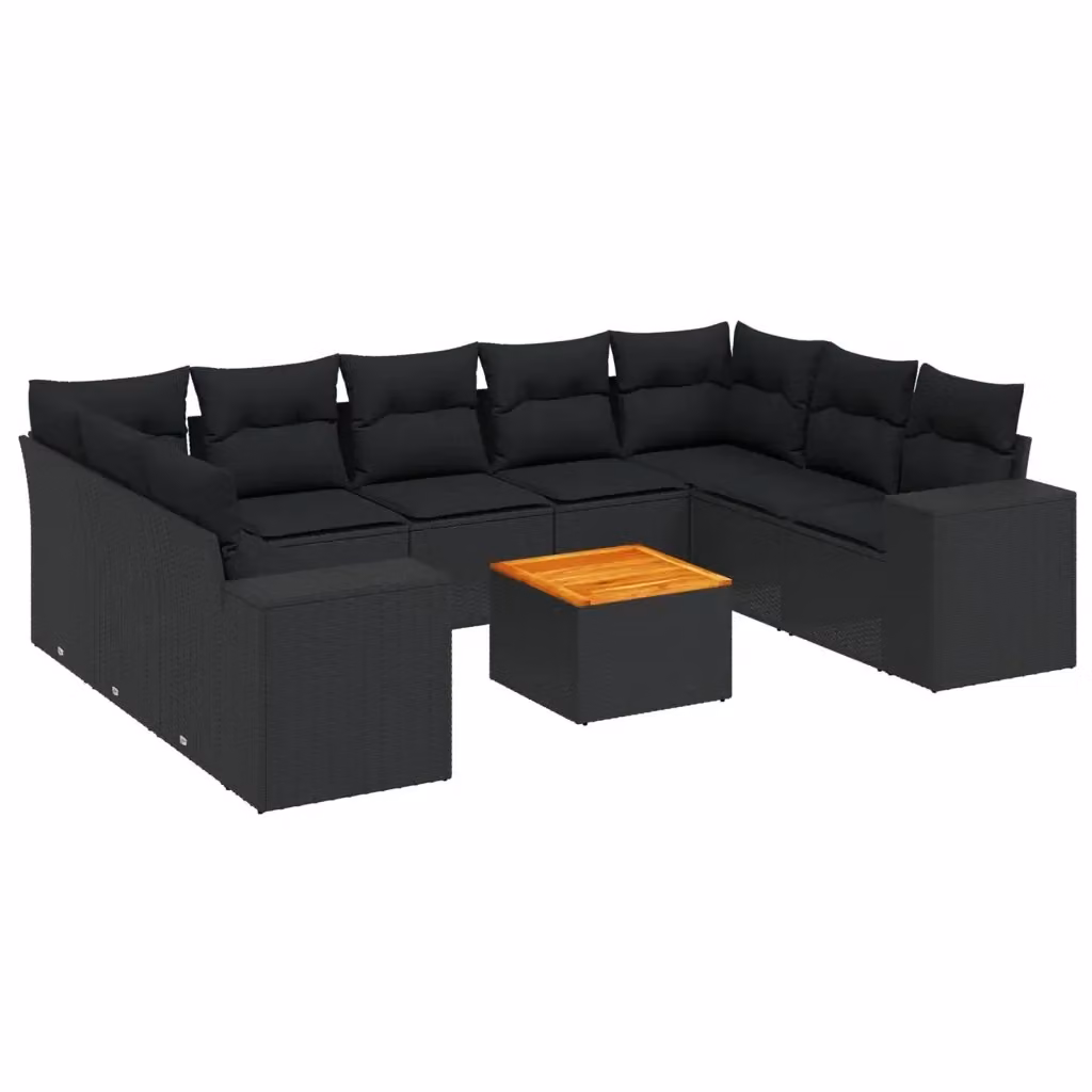 Set di Divani da Giardino vidaXL a Forma di U in Polyrattan Nero con Cuscini e Tavolino da Esterno – 2