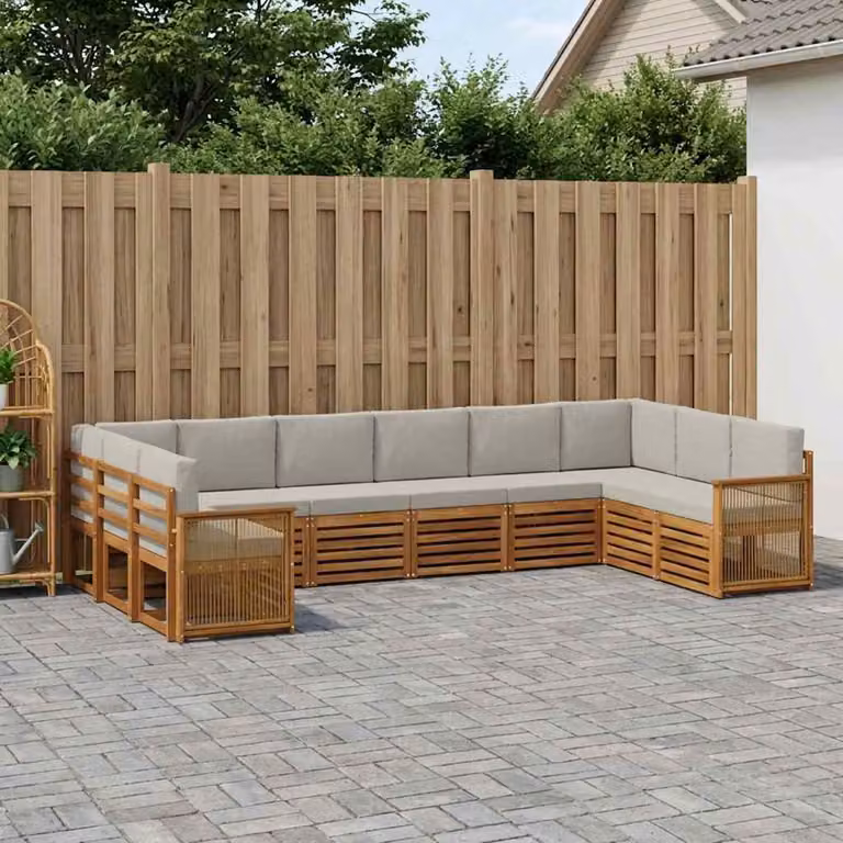 vidaXL Set di divani da esterno a L composto da 7 pezzi in legno di acacia con cuscini, Beige e Grigio