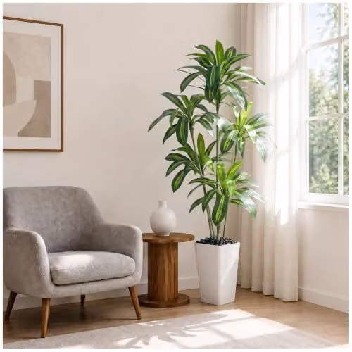 Dracaena Artificiale per Interni 180cm Albero Finto con Fioriera Bianca Alta, Pianta Finta Alta in Vaso, Pianta di Seta Artificiale per la Decorazione Della Casa, Ufficio, Soggiorno, Veranda, Patio