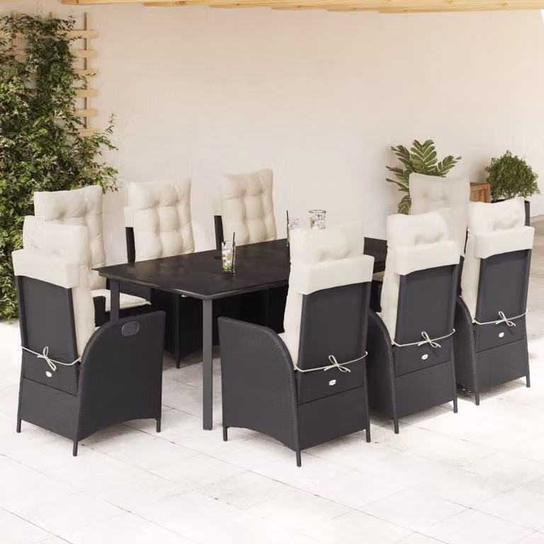 Set da pranzo da giardino vidaXL in polyrattan nero con cuscini e piano in vetro per 9 persone