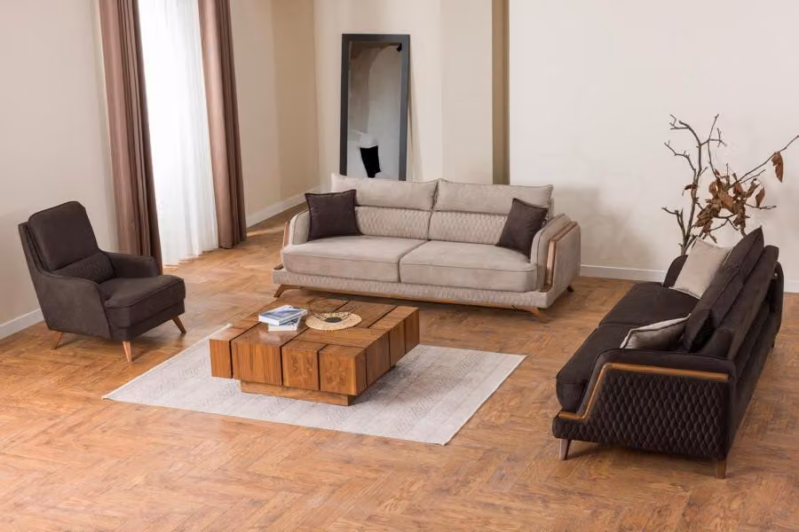 Sofagarnitur 3+3+1 Sitzer Beige Braun Stoff Holzfüße Skandi Modern Wohnzimmer