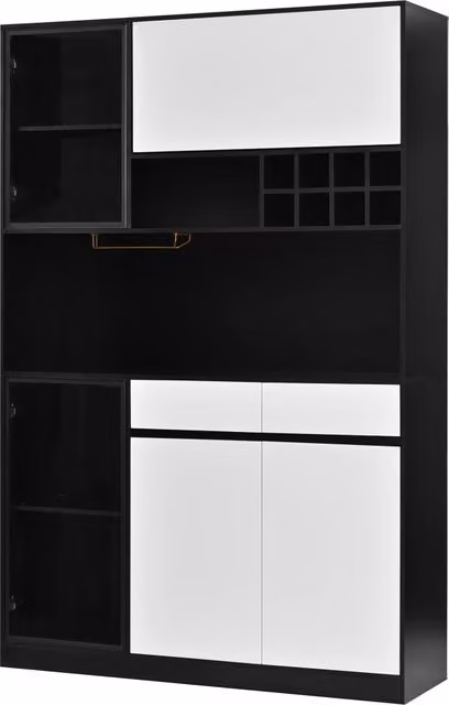 Credenza alta con LED e vetrina, ripiani aperti, vani chiusi e portabottiglie per soggiorno e sala da pranzo, in MDF, nero e bianco, 120 × 35 × 180 cm