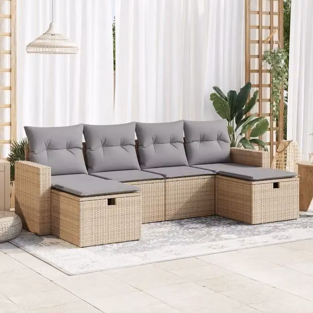 Set Divano da Giardino a L vidaXL in Polyrattan con Cuscini Beige e Grigio, 6 Pezzi con Divano a 3 Posti, Poltrone e Ottoman