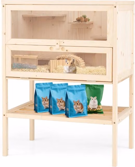 Gabbia autoportante per criceti con tetto a rete e aree multiscala, habitat per piccoli animali in legno di abete con pannello in acrilico trasparente, L: 56,0 cm, P: 36,0 cm, H: 37,5 cm