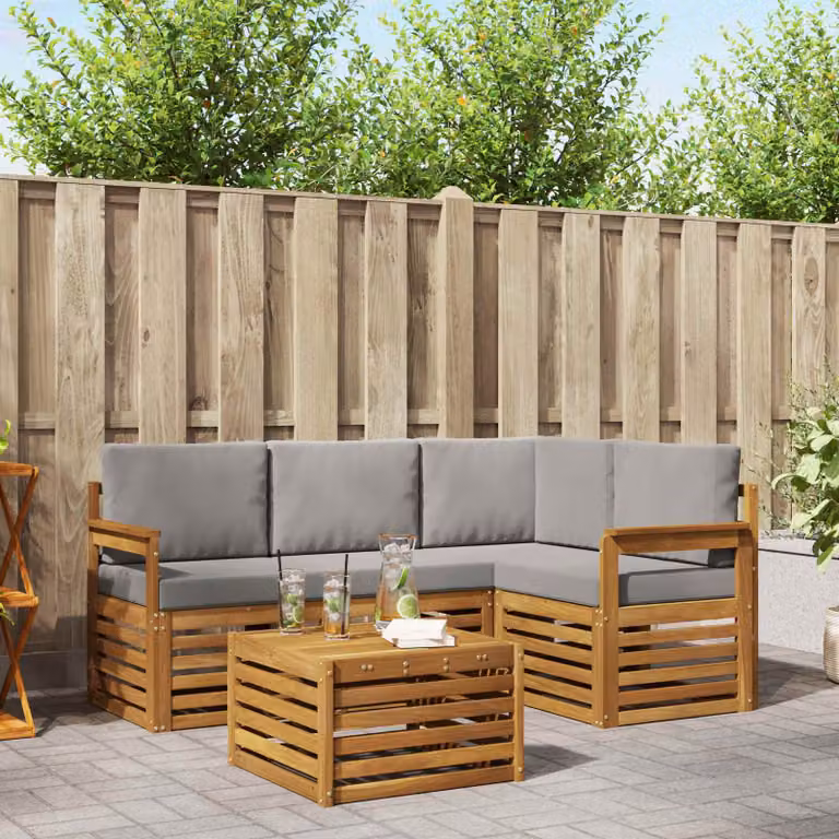 Set di divani da esterno vidaXL a forma di L in legno di acacia con tavolo da caffè e cuscini, Grigio, Bianco e Marrone