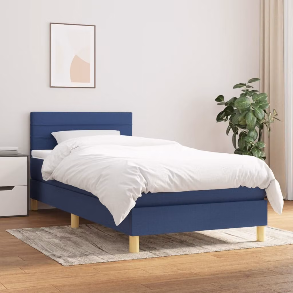 The Living Store Letto a molle con materasso blu 100x200 cm in tessuto