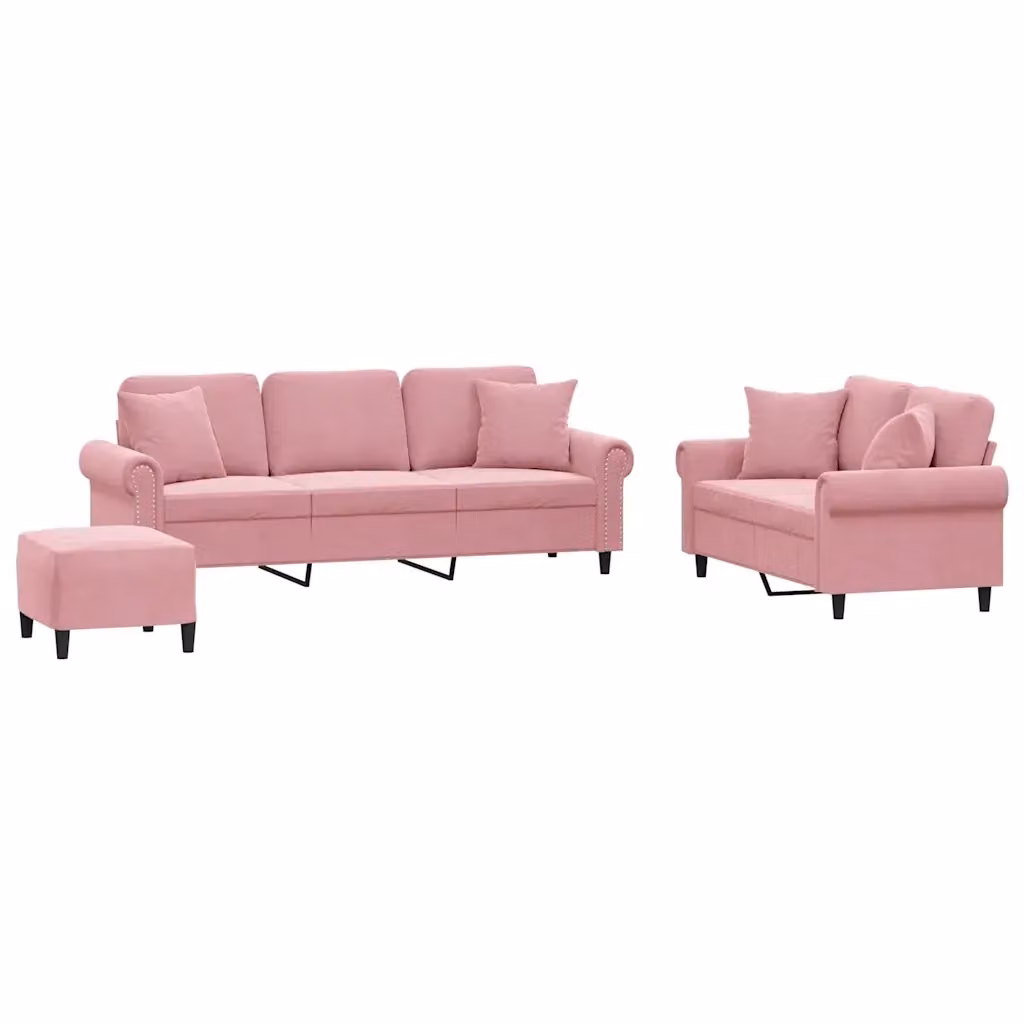 Set di divani vidaXL in velluto rosa composto da divano a 3 posti, divano a 2 posti e pouf con cuscini coordinati – 2