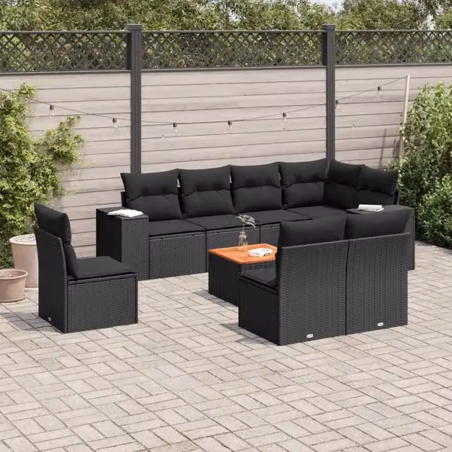 Set Divani da Giardino 9 pz con Cuscini Nero in Polyrattan 3257812