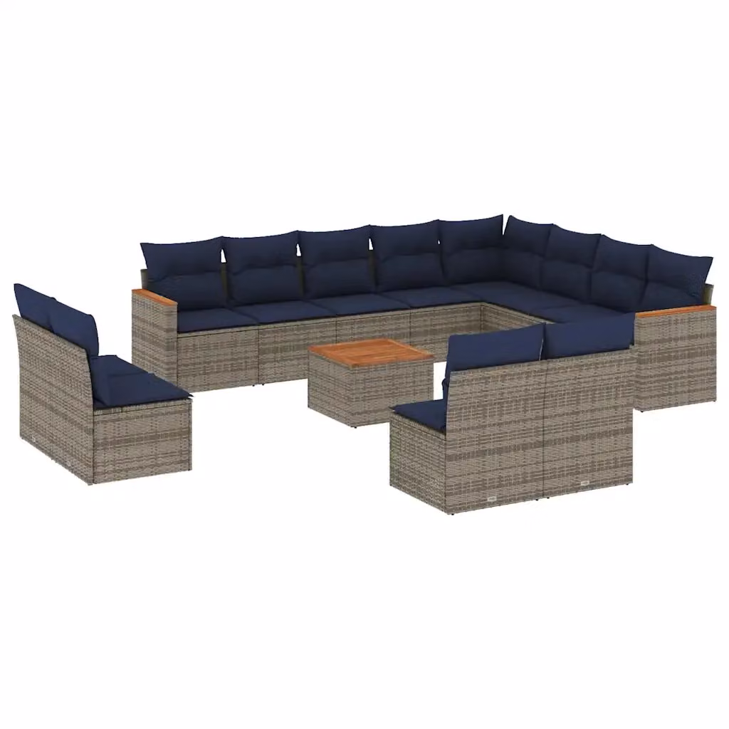 Set di Divani da Giardino a L vidaXL con Cuscini e Tavolino, Polyrattan e Legno di Acacia, Grigio e Blu – 2