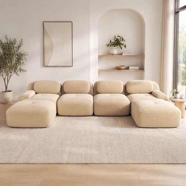 Divano angolare modulare MIVRAY in velluto a coste beige con struttura imbottita e schiuma 32D