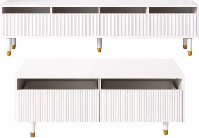 Set mobili moderni LED con mobile TV a quattro ante e tavolino con due cassetti, MDF bianco con dettagli oro e struttura a onde