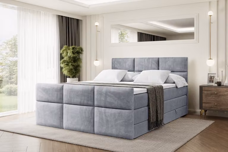 Letto boxspring ALTDECOR con pediera, 2 materassi e topper - 120x200 cm - OHIO-Z KING - Grigio velluto - Letto imbottito con materassi H3 e H4, contenitore e rete a doghe, letto con spazio contenitivo
