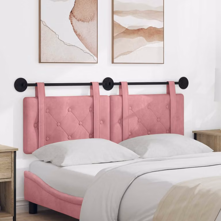 Testiera da letto sospesa vidaXL in velluto rosa con pannello imbottito e struttura in legno, L: 130 cm, H: 55 cm, P: 5 cm