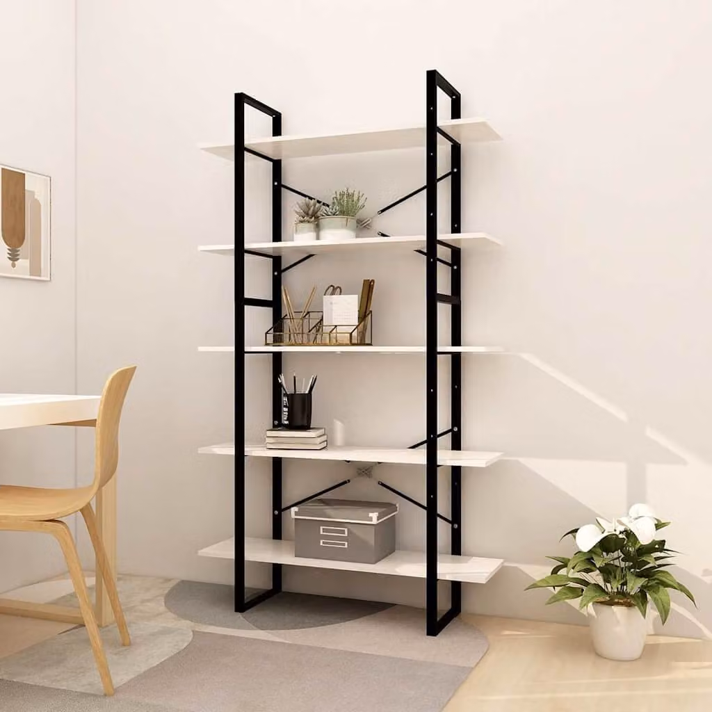 Libreria a 5 Ripiani vidaXL in Legno di Pino e Metallo, Stile Industrial, Bianca, L 100 cm x P 30 cm x H 175 cm