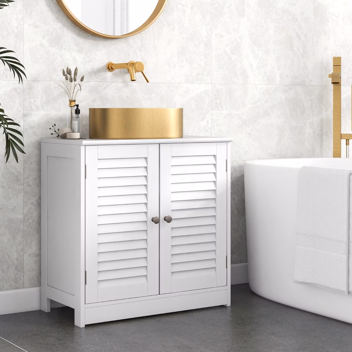 Mobiletto sotto lavabo Costway bianco con 2 porte a persiana e ripiani interni, organizer moderno salvaspazio per bagno