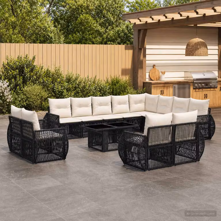 Set Divano da Giardino vidaXL 13 pz in Polyrattan Nero e Bianco Crema con Cuscini e Tavolino da Esterno