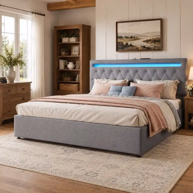 Letto imbottito 180x200 cm con meccanismo idraulico, luce ambientale a colori e porta USB, grigio