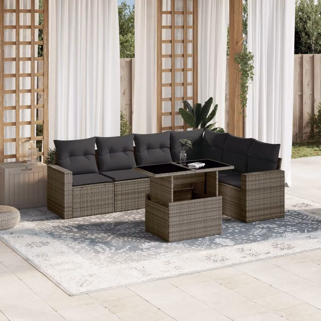 vidaXL Set Divani da Giardino 7 pz a Forma a L in Polyrattan Grigio con Cuscini e Tavolino – 1