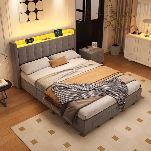 LETTO Imbottito 140 x 200 cm in Velluto con LED, USB e 2 Cassetti