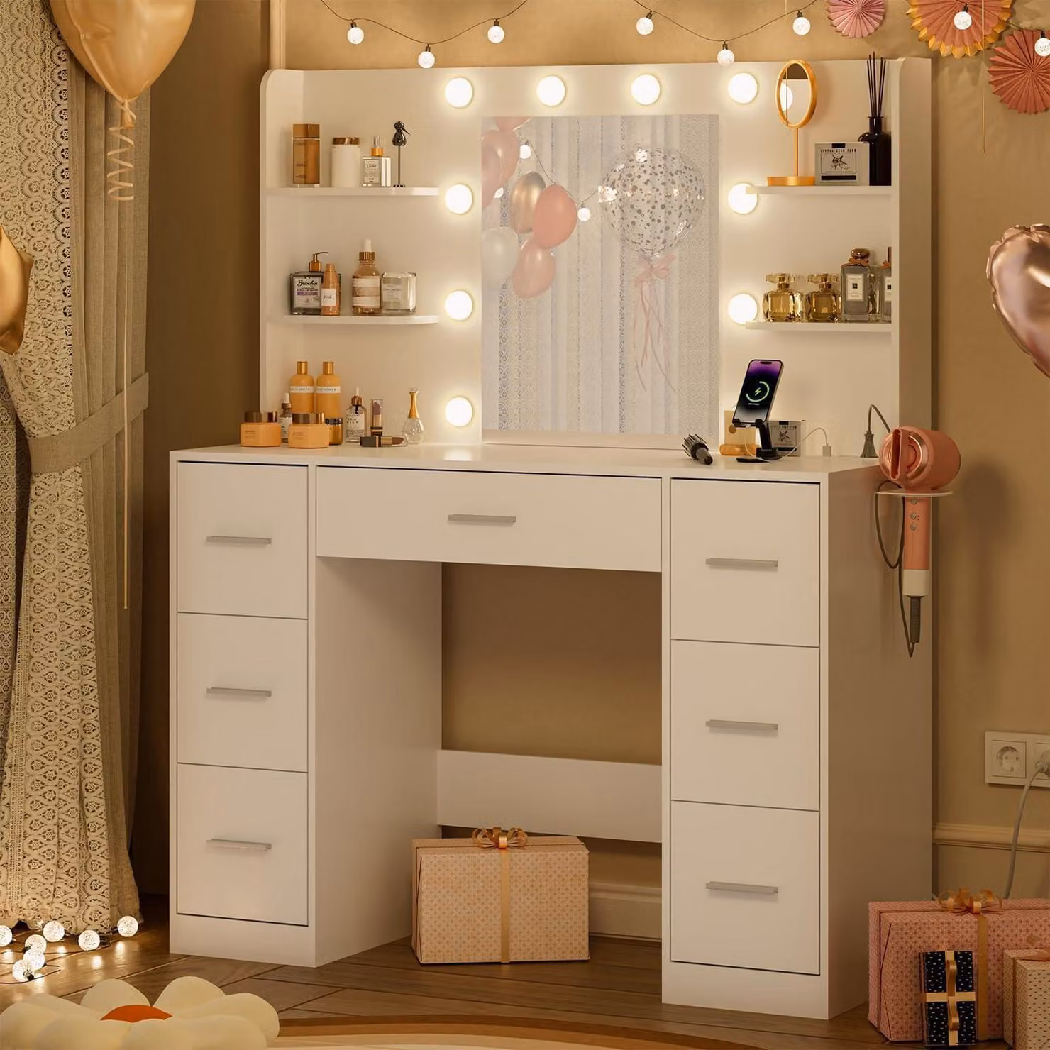 Comò da trucco con illuminazione a LED, 7 cassetti, presa di corrente, 4 ripiani, bianco