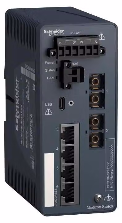 Switch gestito Schneider Electric Modicon, 4 porte per cavo in rame (4TX 10/100 Mbit/s) + 2 per fibra ottica monomodale (2FX-SM 100 Mbit/s) MCSESM063F2CS0