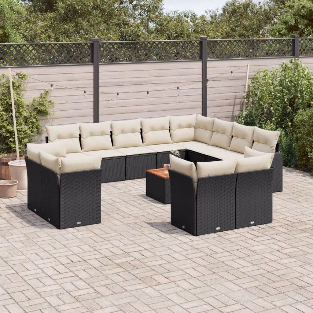 Set di divani da giardino vidaXL a forma di L in polyrattan nero con cuscini e tavolino da esterno – 1