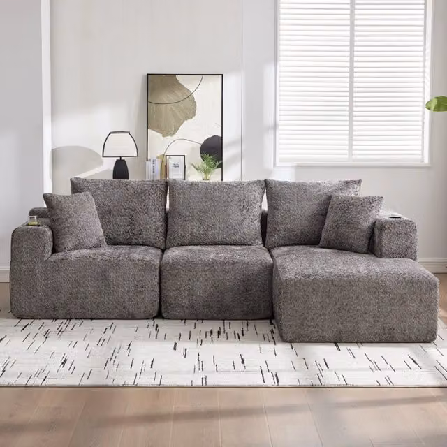 Divano Angolare Modulare ¨C MINIMAL ¨C Grigio, Chaise Longue, L, con Portabicchieri, 261x165x80