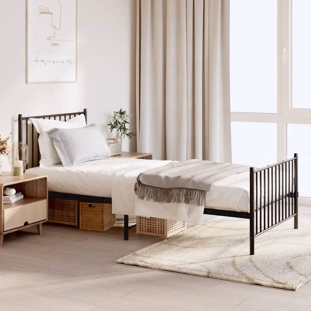 The Living Store Struttura letto con testiera e pediera in metallo nero 90x200 cm