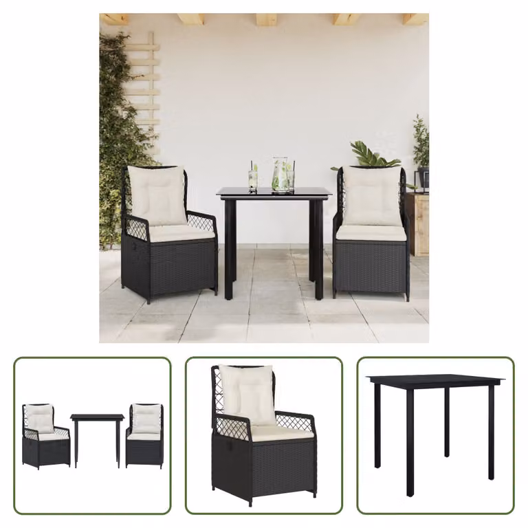 The Living Store Set da pranzo da giardino in 3 pezzi con cuscini in poly rattan nero