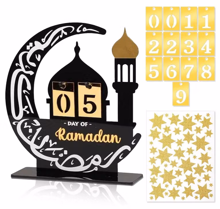 Calendario Ramadan in acrilico, con conto alla rovescia di 30 giorni e adesivi a forma di stella, decorazione per l'Eid Mubarak