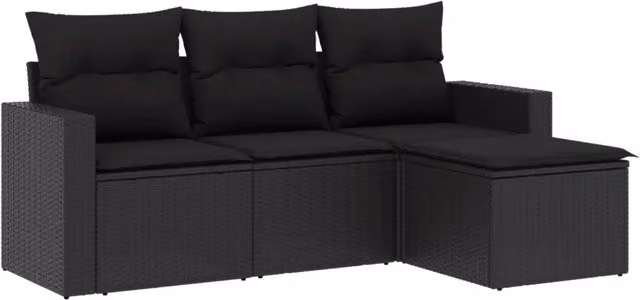 Set Divani da Giardino 4 pz | Set Salotto da Giardino con Cuscini Nero in Polyrattan