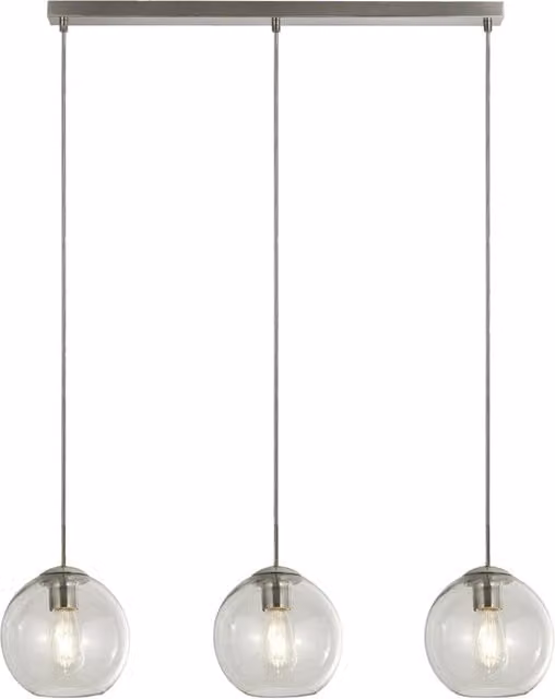 Lampadario a sospensione moderno SEARCHLIGHT con 3 luci a sfera in vetro trasparente e finitura acciaio cromato, attacco E14