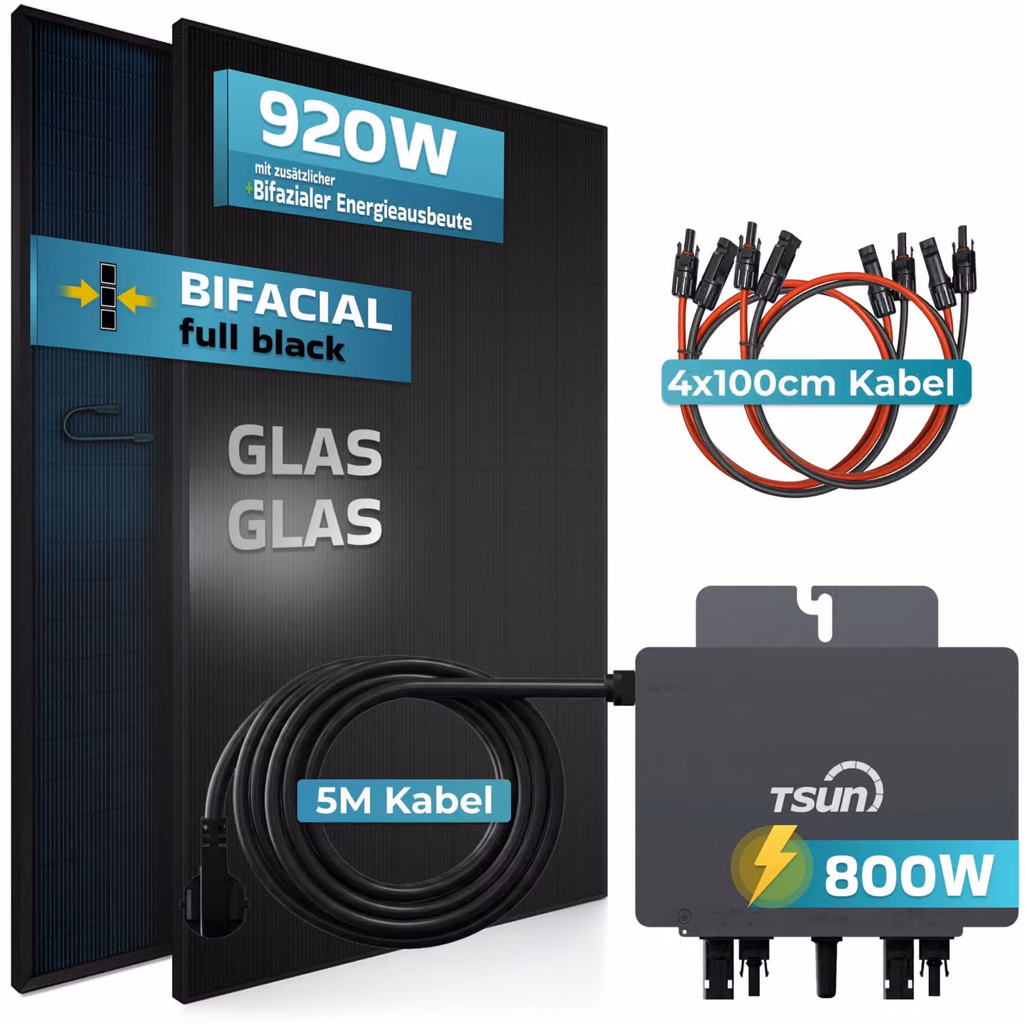 SUNNIVA® 920W centrale elettrica da balcone BIFAZIAL FULLBLACK presa completa TSUN 800W inverter, impianto solare FV, cavo 5m, Bluetooth WIFI