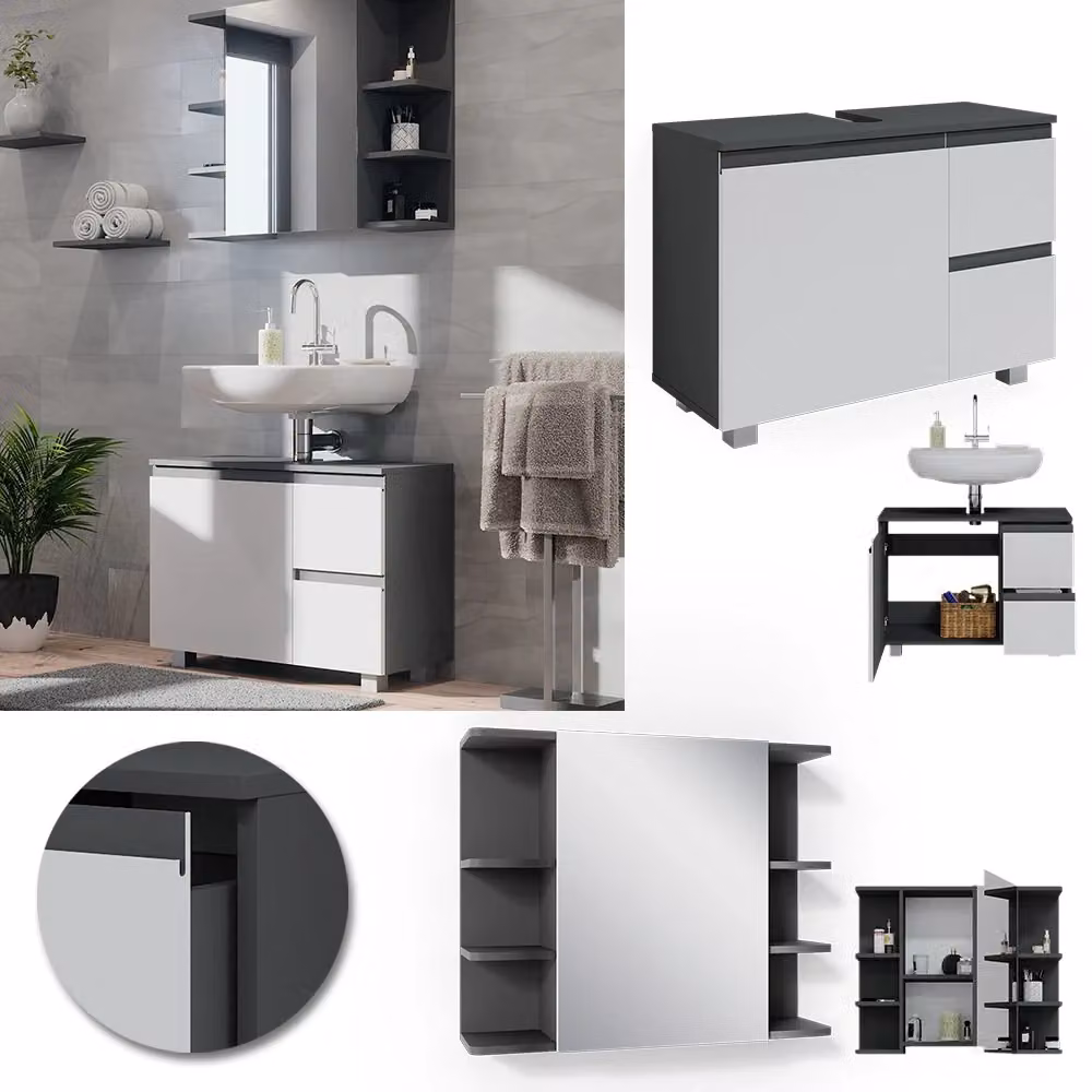 Set mobili bagno Vicco J-Shape Antracite composto da mobile lavabo e pensile specchio con finitura opaca e design minimalista – 2