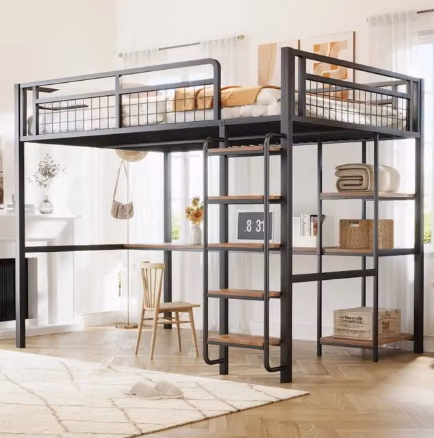 Letto a soppalco 140x200 cm nero con scrivania e ripiani, senza materasso