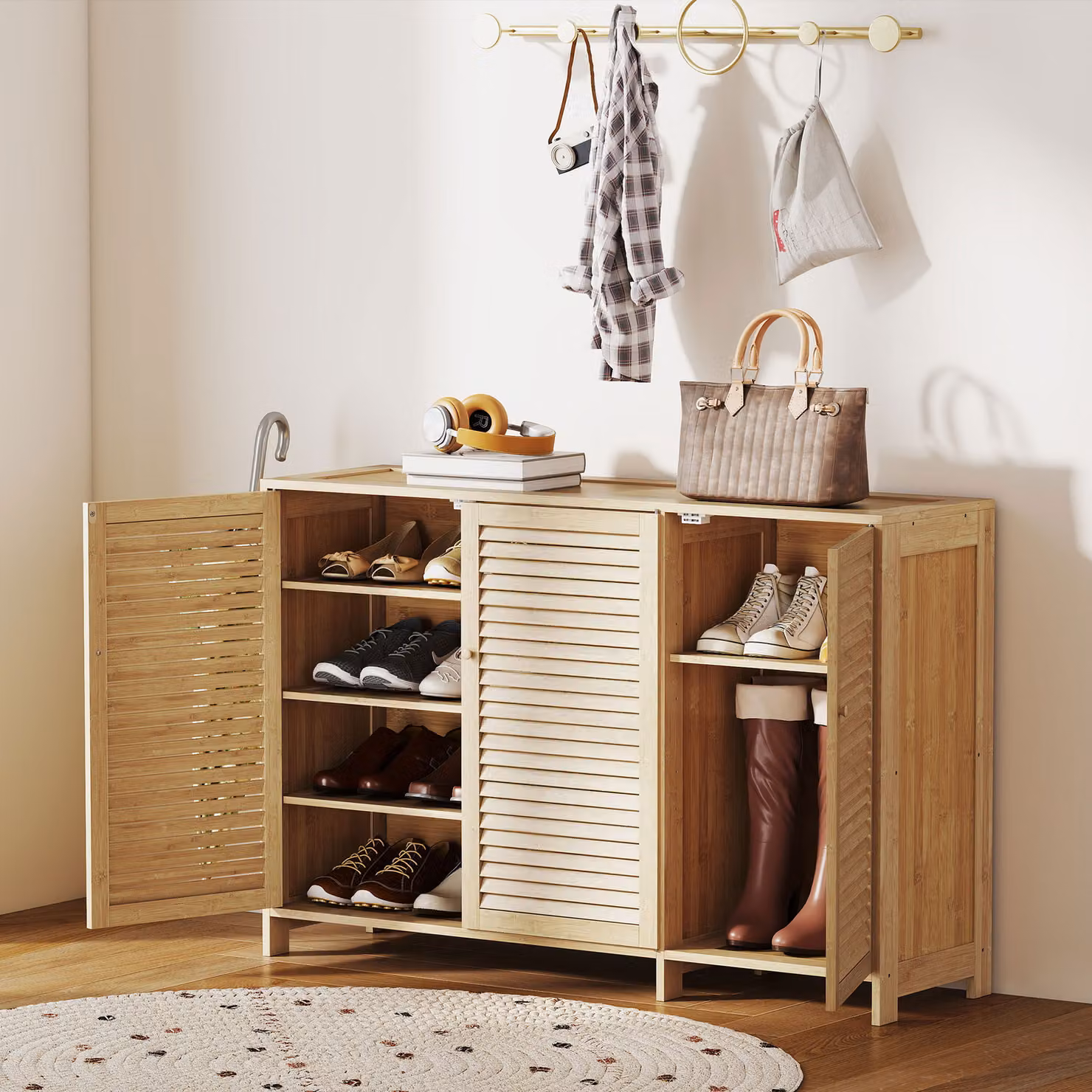 Scarpiera HOMCOM in bambù naturale con ante a persiana e ripiani regolabili per 18 paia di scarpe, colore beige/marrone – 2