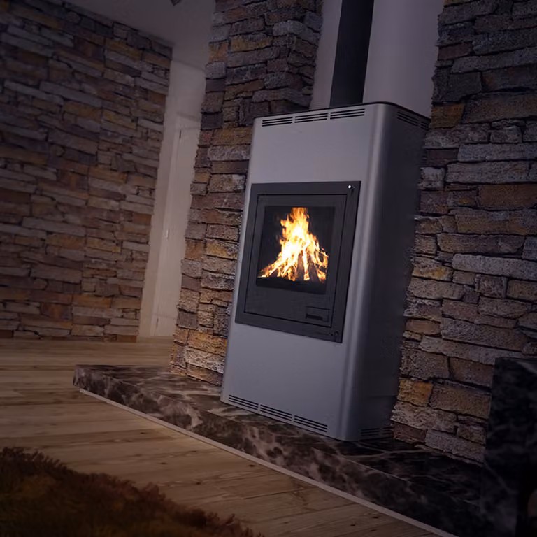 Termocamino HS FLAMINGO AQUAFLAM 17 con scambiatore di calore regolazione base grigio