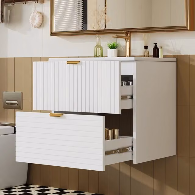 Lavabo sospeso 61x46x57 cm in MDF laccato bianco con lavabo integrato, 2 cassetti silenziosi con fronte strutturato orizzontalmente e verticalmente