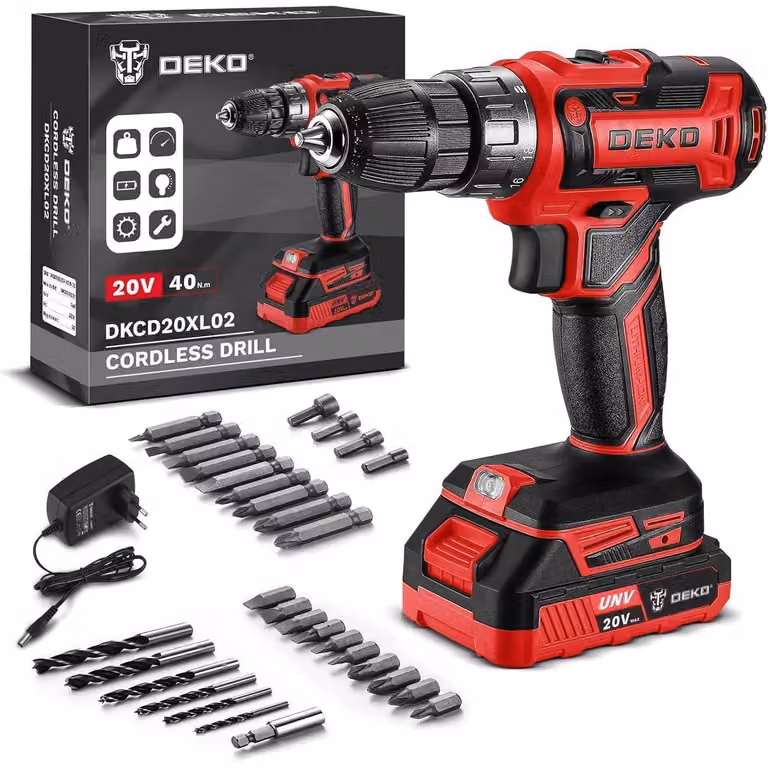 Set di avvitatori a batteria da 20V, 30 pezzi, con 18+1 livelli di coppia, 40Nm di coppia massima, 2 velocità, luce LED, colore rosso