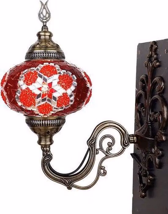 Lampada da parete turca artigianale, color rosso – Lampada orientale in mosaico, stile marocchino