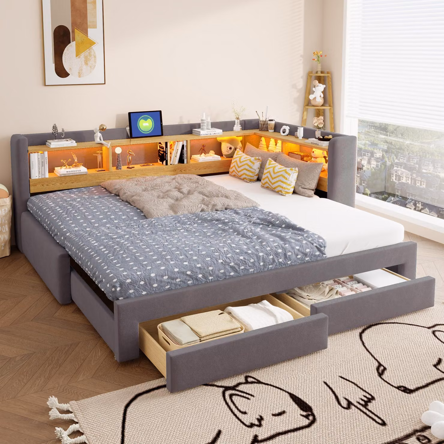 Divano letto Flieks 90x200 cm con letto estraibile, letto imbottito per ragazzi con presa di corrente, divano letto/letto giorno in ecopelle, divano letto in velluto grigio scuro